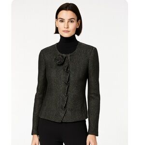 Armani Collezioni Ruffle Front w/ Rosette Detail Herringbone Blazer Jacket Sz 10
